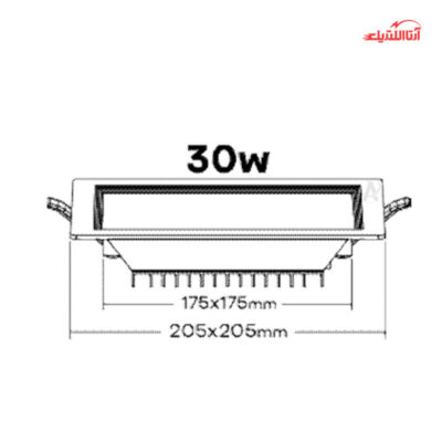 ابعاد و اندازه چراغ سقفی مربع توکار 30 وات LED مدل سولاریس پارس شعاع توس برش 17.5