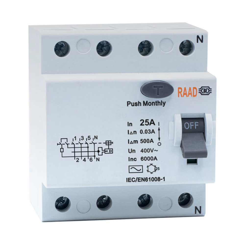 کلید محافظ جان 4 پل 25 آمپر RBRC-4P-25A-6kA رعد