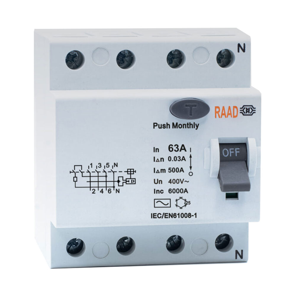 کلید محافظ جان 4 پل 63 آمپر RBRC-4P-63A-6kA رعد