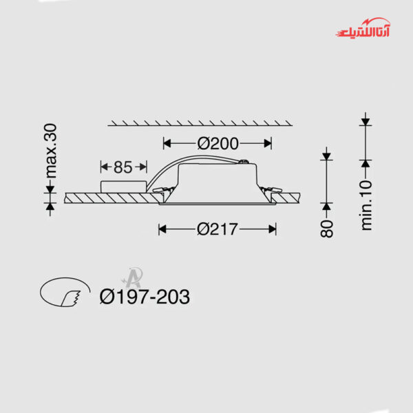 چراغ توکار گرد 23 وات برش 20 سانتیمتر دانلایت مازی نور مدل آریانا کامفورت