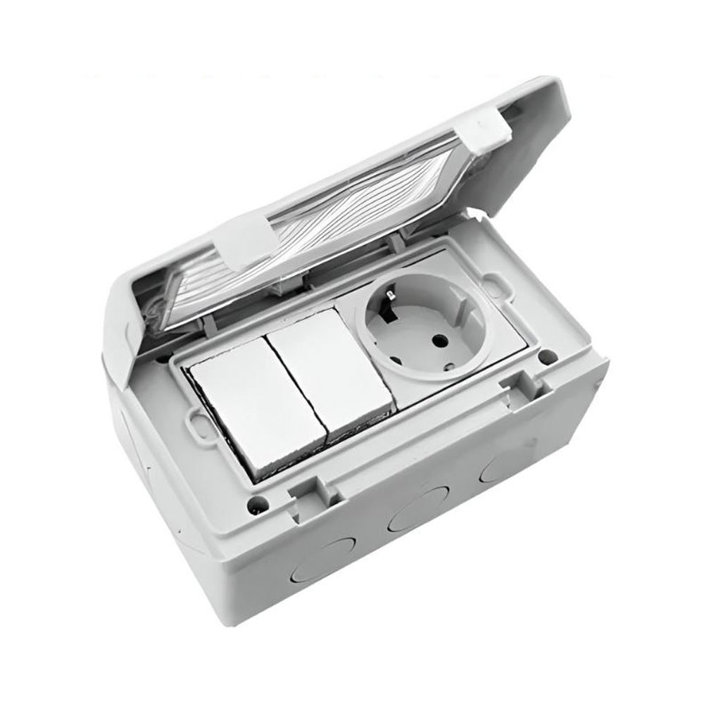 کلید دو پل + پریز بارانی روکار پارس فانال مدل PF-2GSTS16A