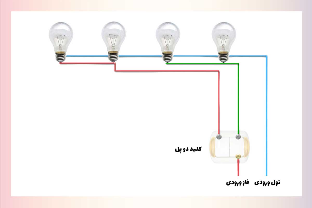 عکس نحوه سیم کشی و نصب کلید دو پل برای دو چهار لامپ