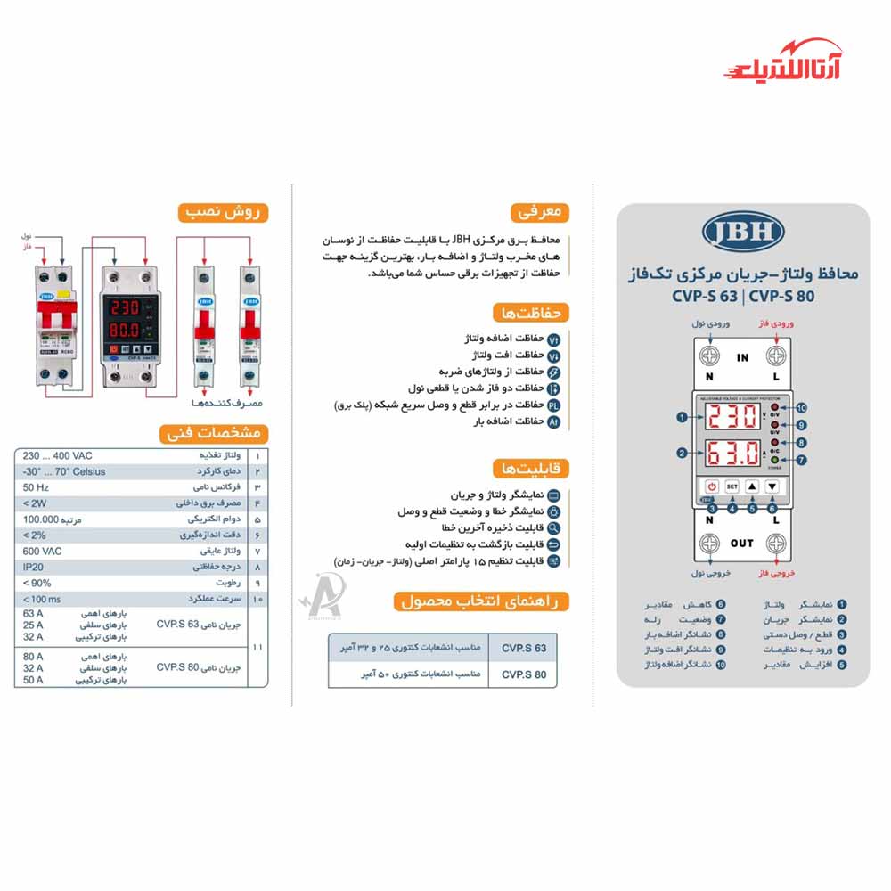 نحوه نصب محافظ ولتاژ و جریان تکفاز 63 آمپر JBH مدل CVP-S کد P42080A1