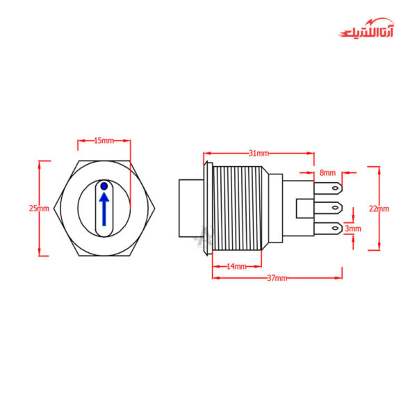 کلید سلکتوری 3 حالته چراغ دار سایز 22 JBH