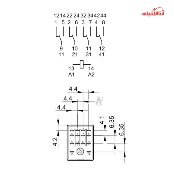 رله شیشه ای 8 پایه 4 کنتاکت 230 ولت AC فیندر کد 55.34.8.230.0040
