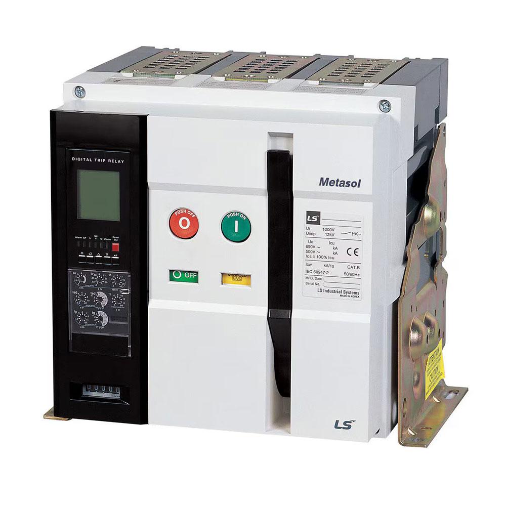 کلید هوایی 1000 آمپر 65ka بدنه فیکس موتور دار با بوبین قطع/وصل و رله حفاظتی ال اس مدل متاسل کد AN10D310H-M2D2D2AXAG5