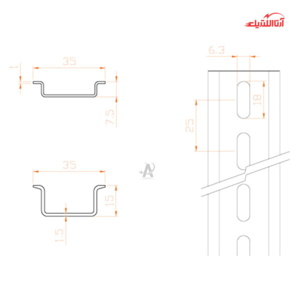 ریل تابلویی آبکاری شده گالوانیزه سرد با ارتفاع 15 سانتی‌متر رعد مدل TH 35-15/S
