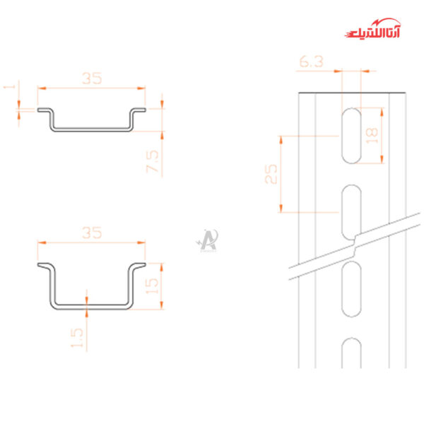 ریل تابلویی گالوانیزه گرم با ارتفاع 15 سانتی‌متر رعد مدل TH 35-15 HG