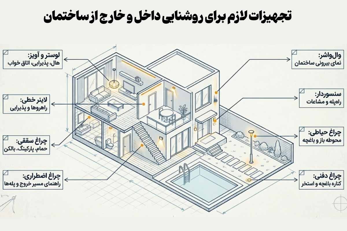 انواع چراغ و تجهیزات لازم برای روشنایی داخل و خارج از ساختمان