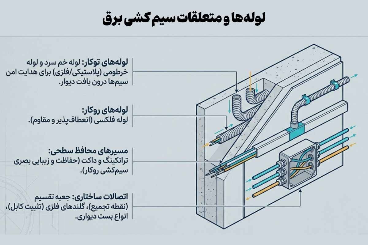 لوله‌ها و متعلقات سیم ‌کشی مورد نیاز برای برق کشی ساختمان