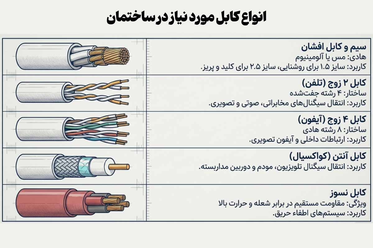 انواع کابل مورد نیاز برای برق‌کشی ساختمان