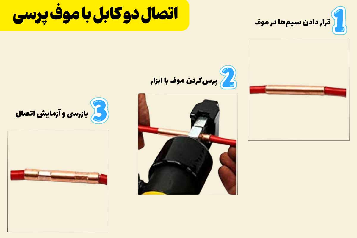 آموزش مرحله به مرحله اتصال دو کابل با موف پرسی