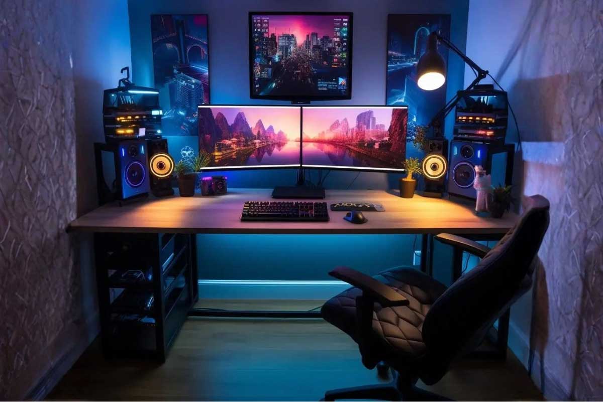 ایده نورپردازی اتاق ترید؛ نورپردازی با استفاده از رنگ‌های آبی و بنفش غالب