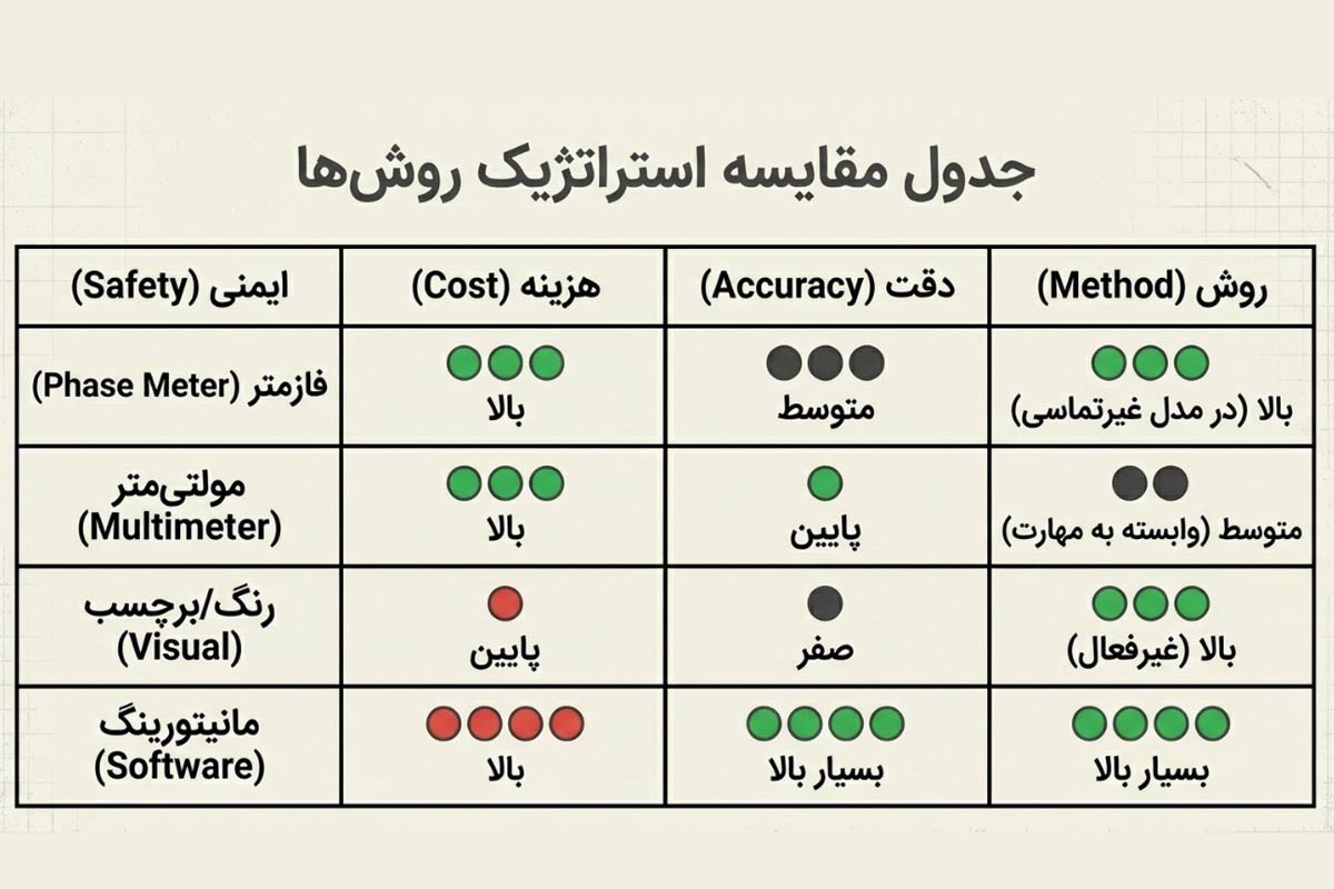 جدول مقایسه روش‌های تشخیص فاز در برق سه فاز