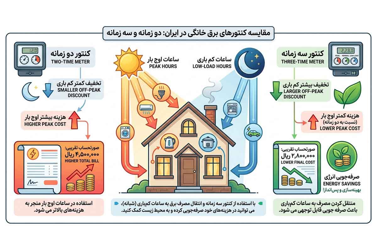 محاسبه قبض برق با کنتور دو زمانه و سه زمانه