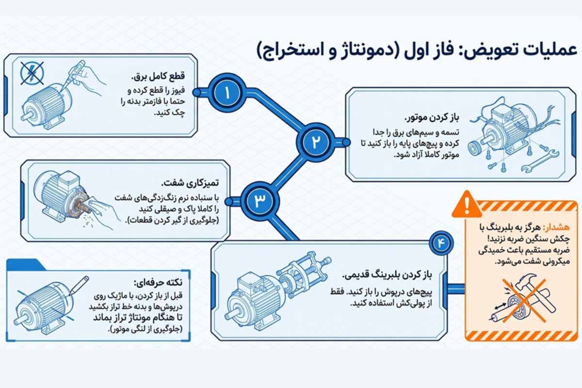 مراحل باز کردن بلبرینگ قدیمی موتور کولر