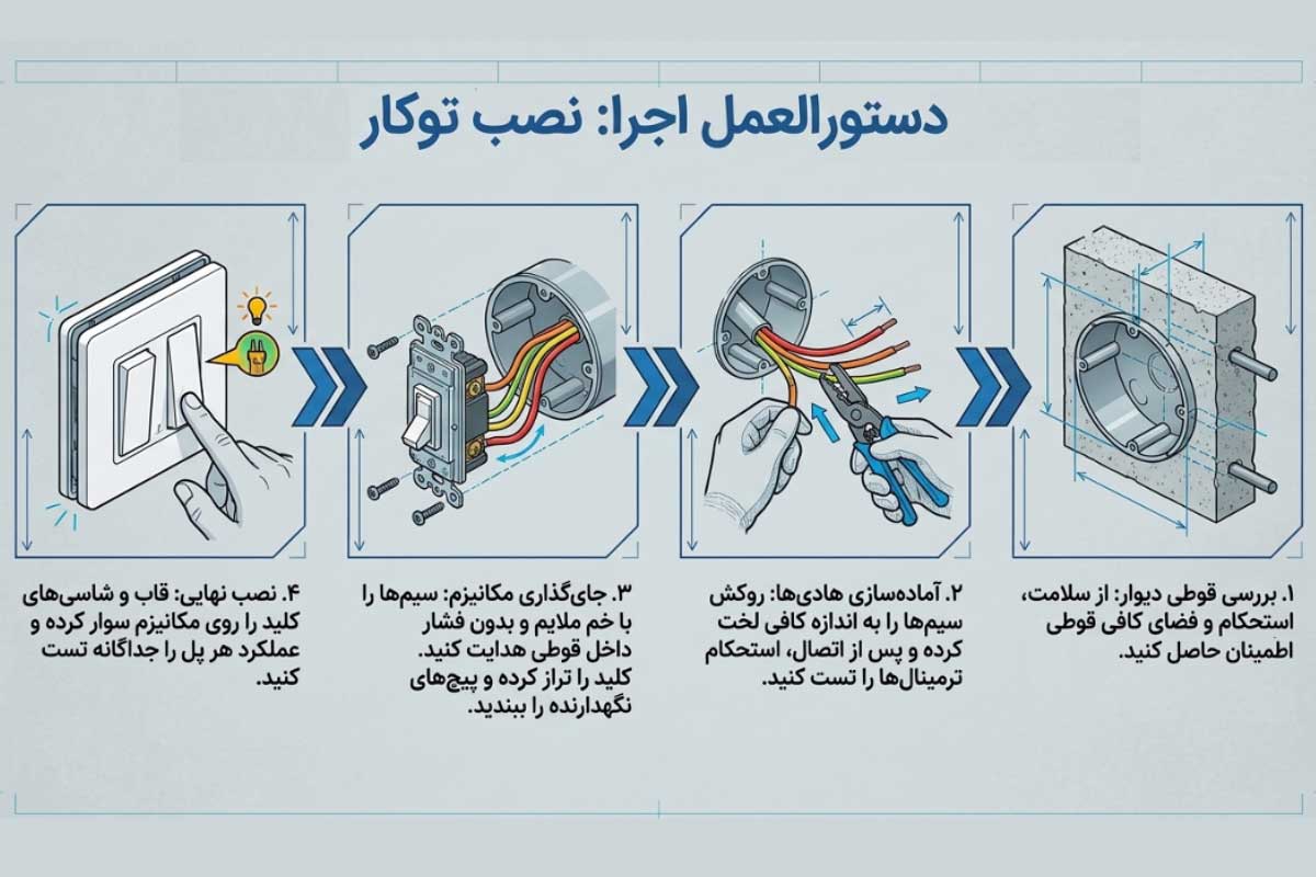 مراحل نصب کلید دو پل توکار