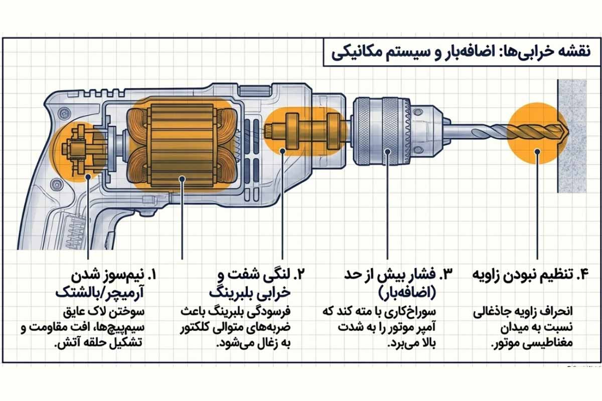 اضافه بار و خرابی در سیستم مکانیکی دریل، علت جرقه زدن دریل