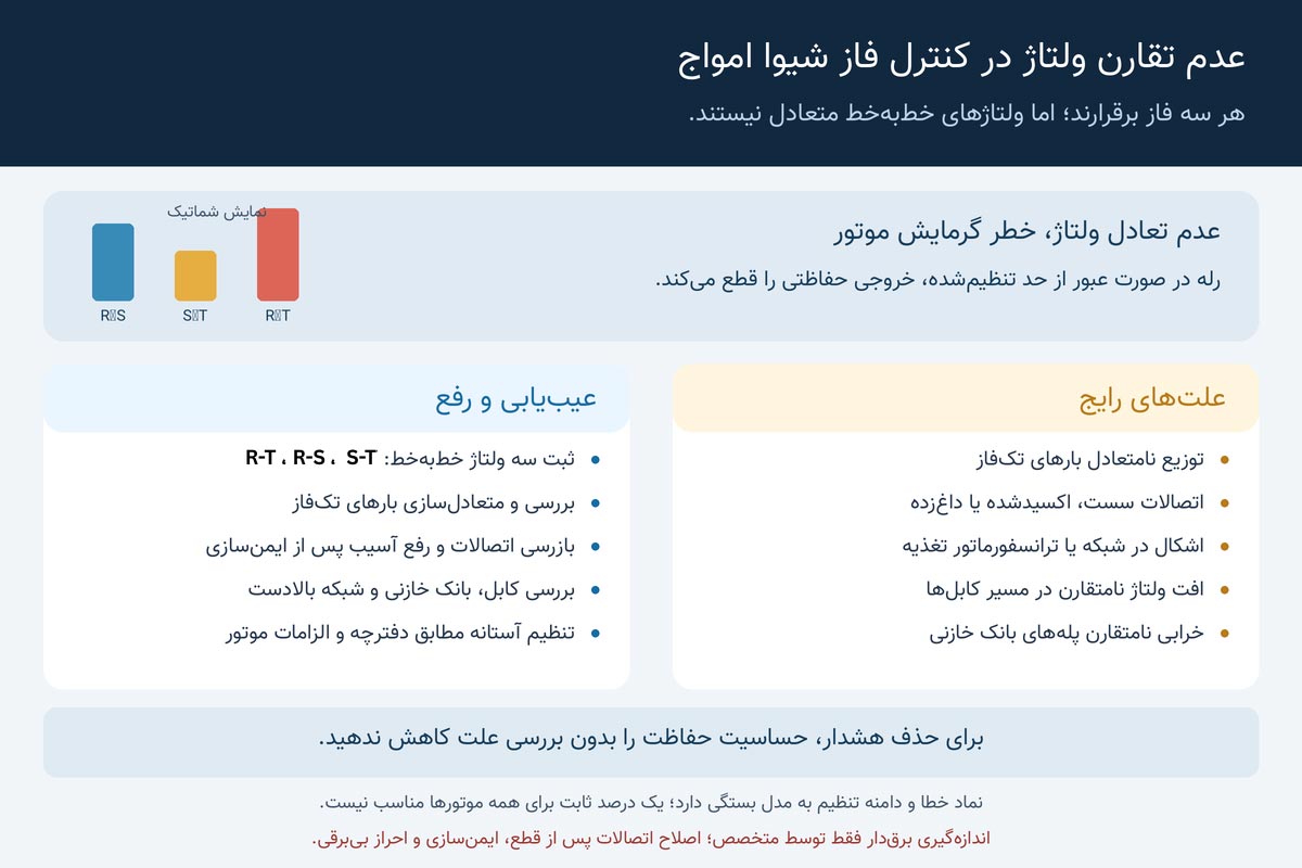 خطای عدم تقارن ولتاژ در رله کنترل فاز شیوا امواج