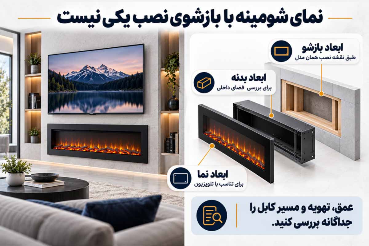 ابعاد شومینه برقی زیر تلویزیون شامل چه اندازه‌هایی است؟