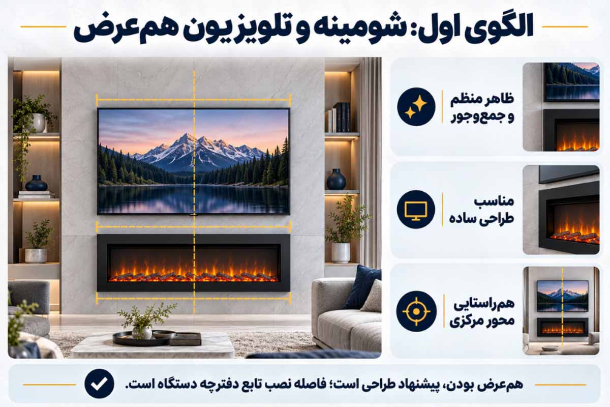 طراحی نصب شومینه برقی هم عرض با تلویزیون